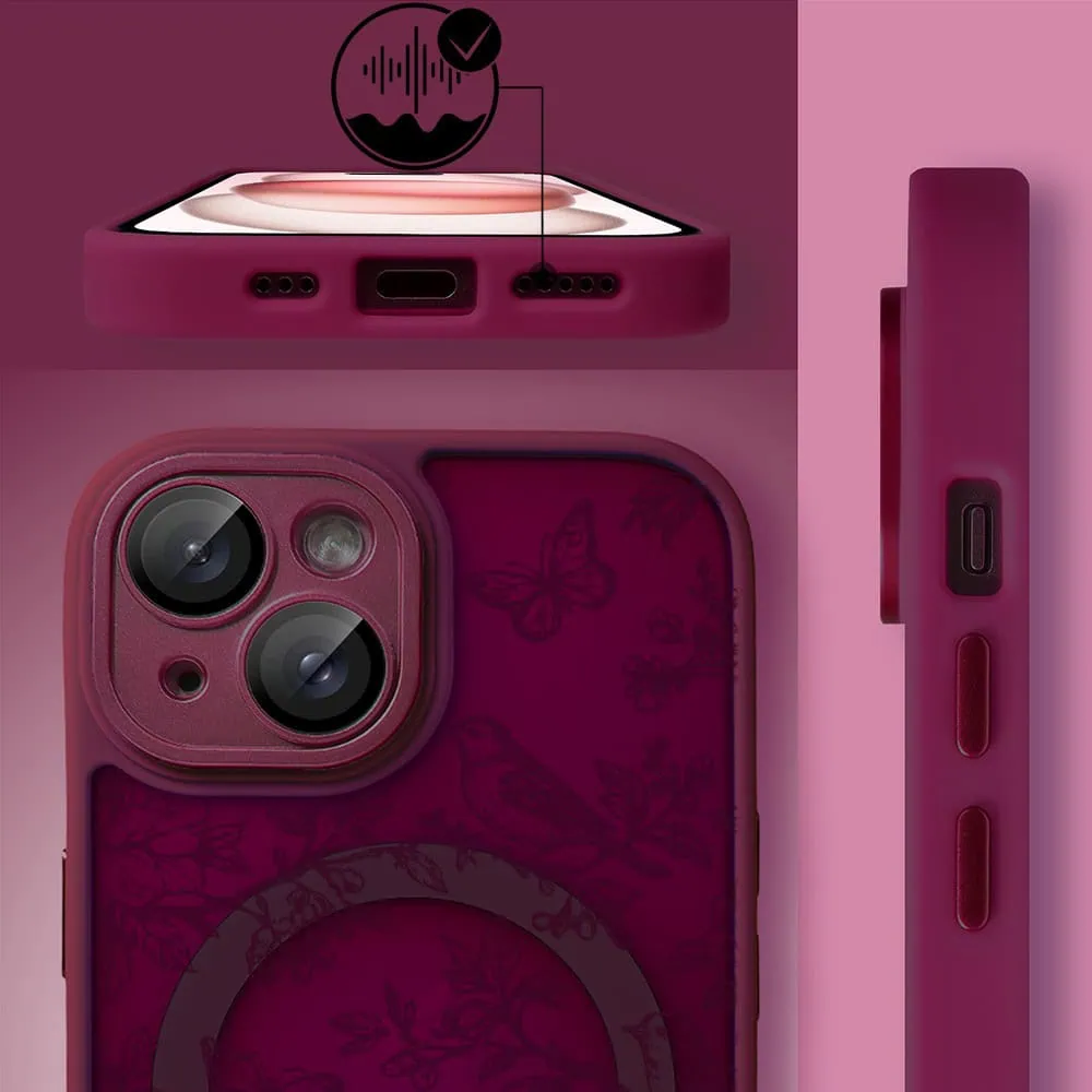 Etui do iPhone 15 Plus, Color Flush z Magsafe, z osłoną aparatu, nocna botanika, wiśniowe (4)
