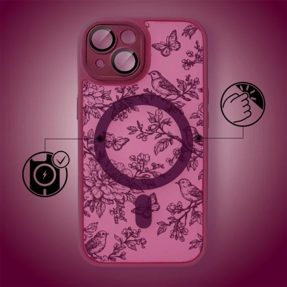 Etui do iPhone 15 Plus, Color Flush z Magsafe, z osłoną aparatu, nocna botanika, wiśniowe (6)