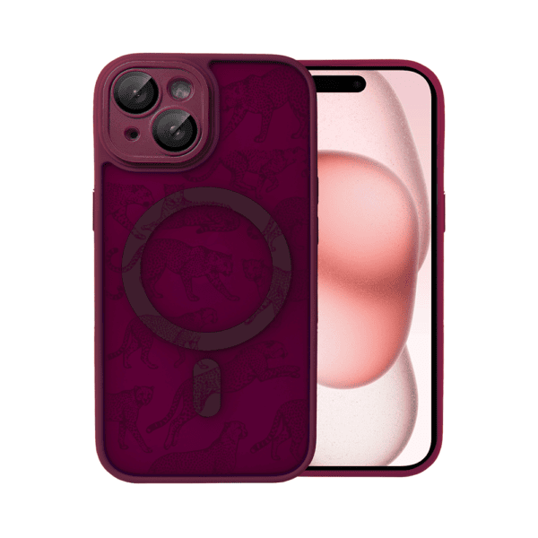 Etui do iPhone 15, Color Flush z Magsafe, z osłoną aparatu, wesołe gepardy, burgundowe