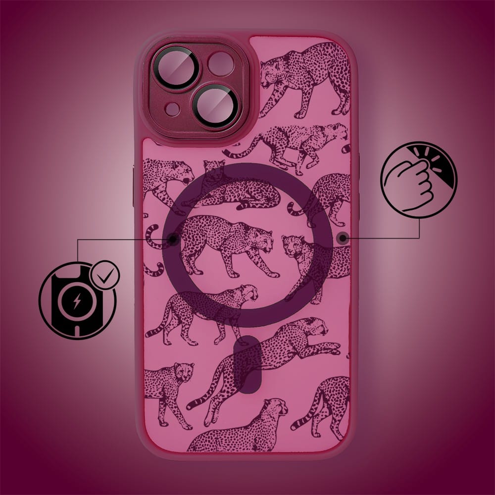 Etui do iPhone 15 Plus, Color Flush z Magsafe, z osłoną aparatu, wesołe gepardy, wiśniowe (3)