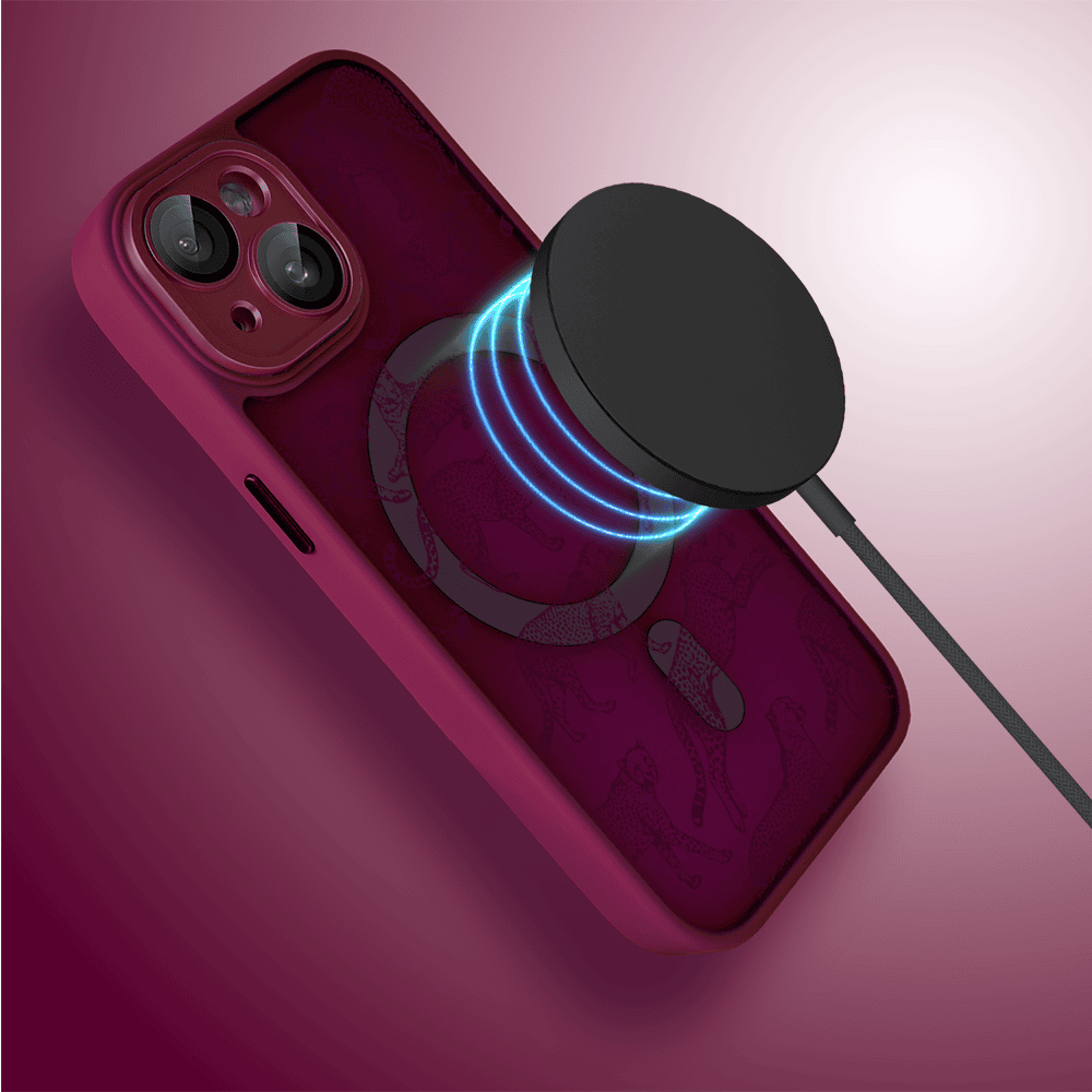 Etui do iPhone 15 Plus, Color Flush z Magsafe, z osłoną aparatu, wesołe gepardy, wiśniowe (4)