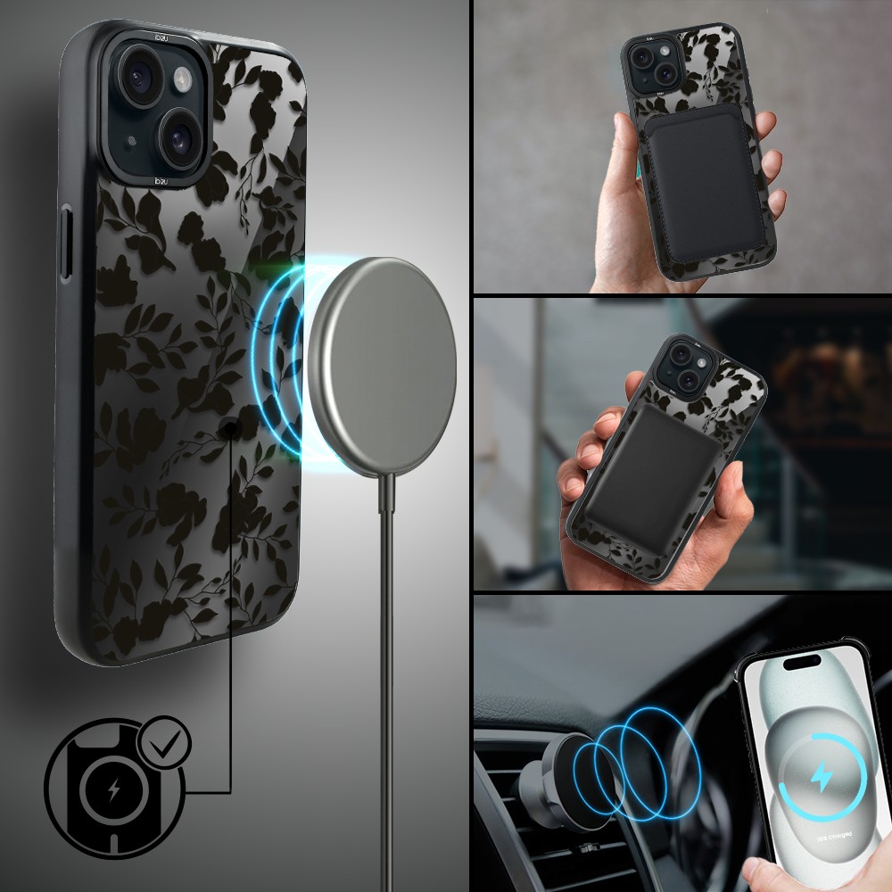 Etui do iPhone 15 Plus IBIZU DropGuard Matt z MagSafe, Midnight, Cienie liści, poprawne (1)