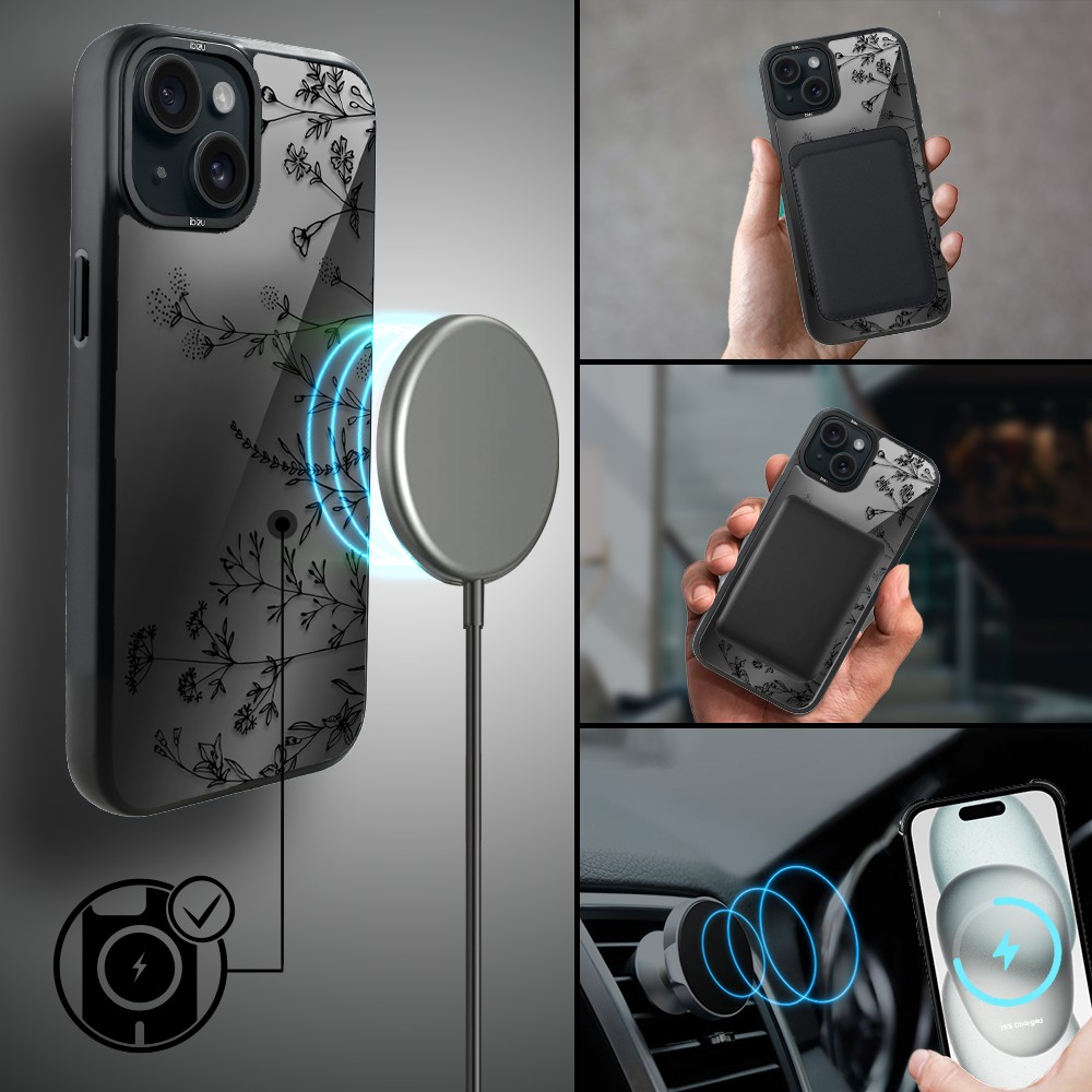 Etui do iPhone 15 Plus IBIZU DropGuard Matt z MagSafe, Midnight, Dotyk kwiatów (6)