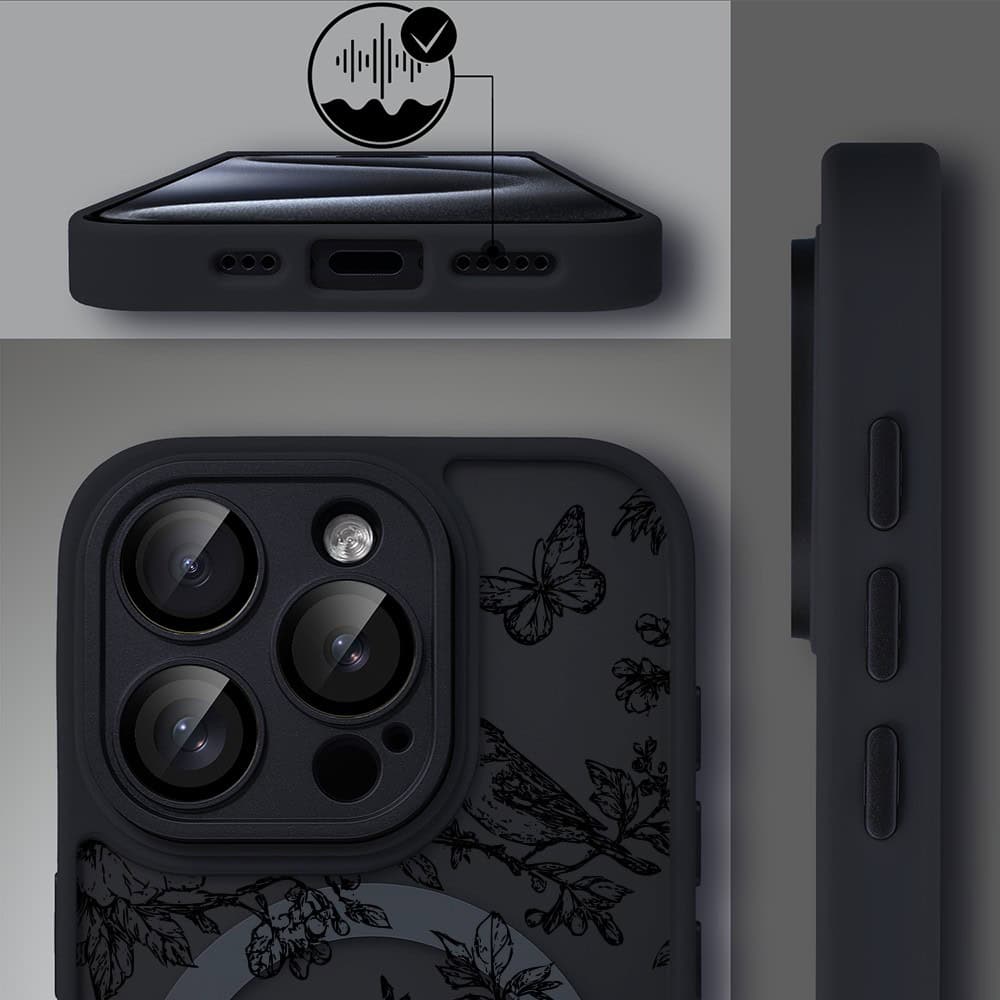 Etui do iPhone 15 Pro Max Color Flush z MagSafe, z osłoną aparatu, nocna botanika, czarne (6)