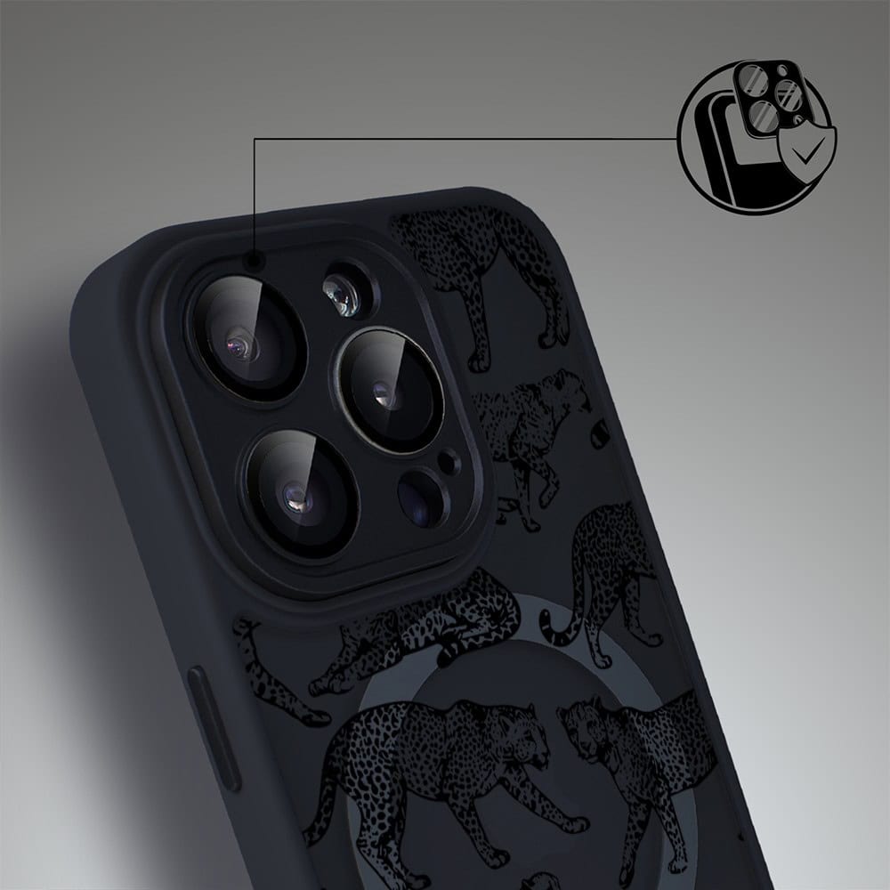 Etui do iPhone 15 Pro Max Color Flush z MagSafe, z osłoną aparatu, wesołe gepardy, czarne (1)