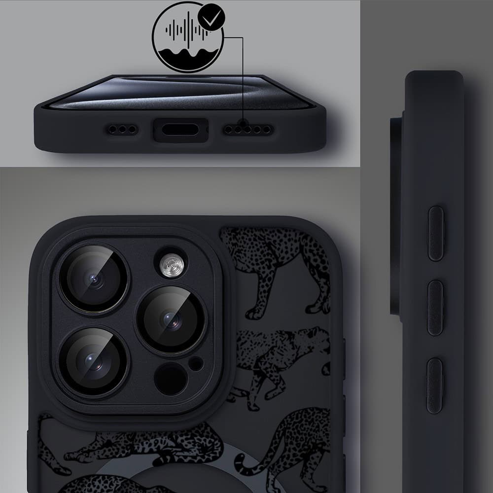 Etui do iPhone 15 Pro Max Color Flush z MagSafe, z osłoną aparatu, wesołe gepardy, czarne (2)