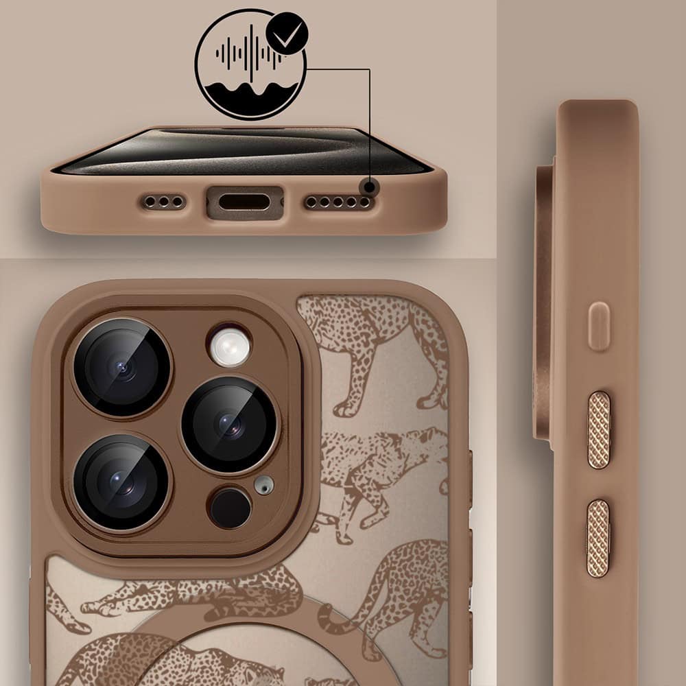 Etui do iPhone 15 Pro Max Color Flush z MagSafe, z osłoną aparatu, wesołe gepardy, pustynny brąz (5)