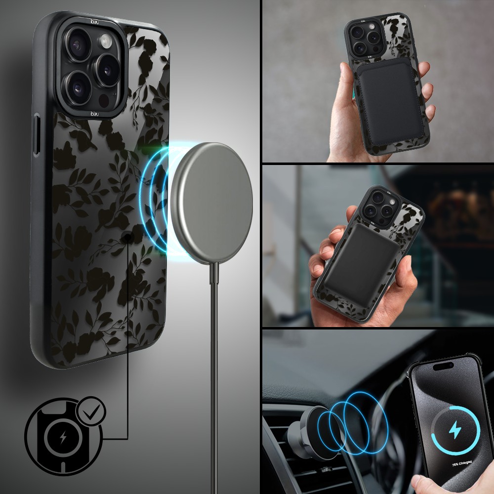 Etui do iPhone 15 Pro Max IBIZU DropGuard Matt z MagSafe, Midnight, Cienie liści, poprawne (2)