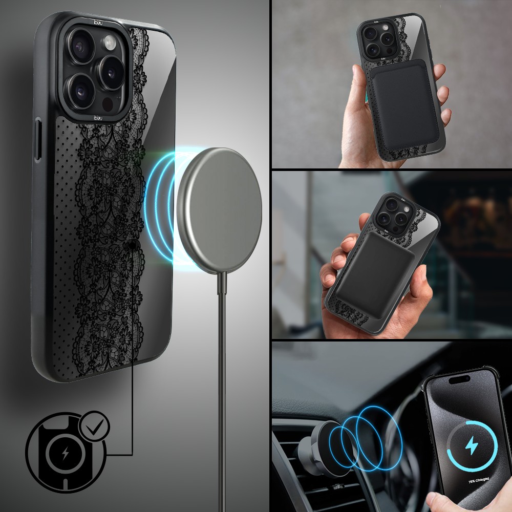 Etui do iPhone 15 Pro Max IBIZU DropGuard Matt z MagSafe, Midnight, Ornamentowa koronka (5)