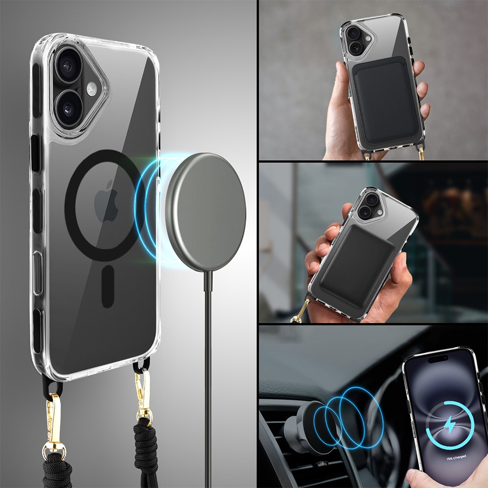 Etui do iPhone 16, MagSafe, ze smyczą, na ramię, crossbody, czarne (10)
