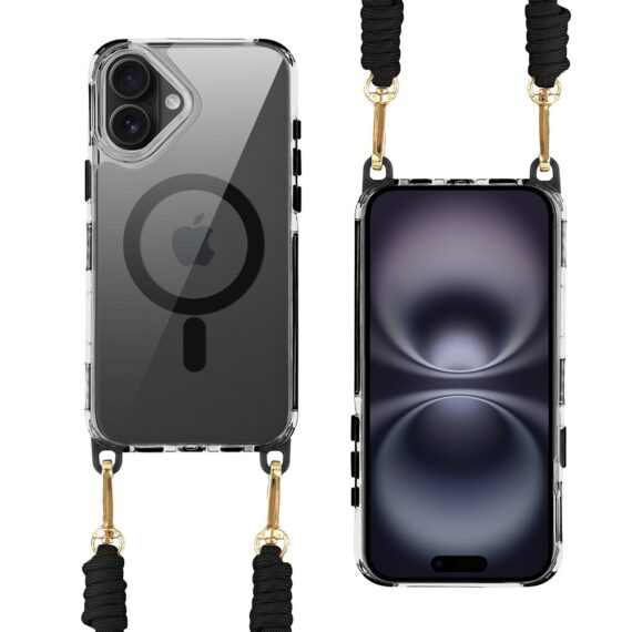 Etui do iPhone 16, MagSafe, ze smyczą, na ramię, crossbody, czarne (5)