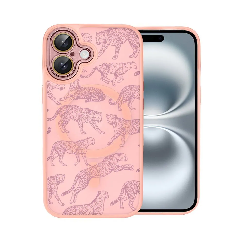 Etui do iPhone 16 Color Flush z MagSafe, z osłoną aparatu, wesołe gepardy, różowe
