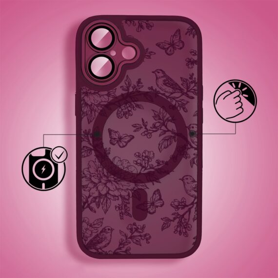 Etui do iPhone 16 Plus, Color Flush z Magsafe, z osłoną aparatu, nocna botanika, wiśniowe (1)