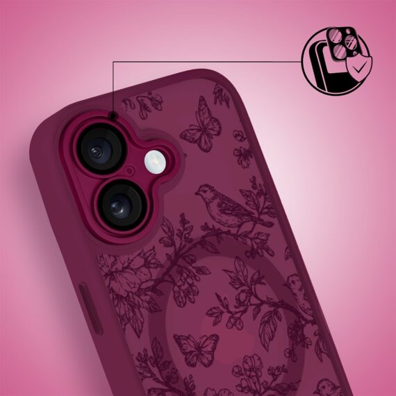 Etui do iPhone 16 Plus, Color Flush z Magsafe, z osłoną aparatu, nocna botanika, wiśniowe (3)