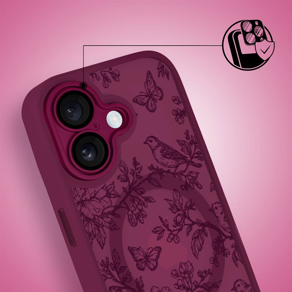 Etui do iPhone 16 Plus, Color Flush z Magsafe, z osłoną aparatu, nocna botanika, wiśniowe (3)