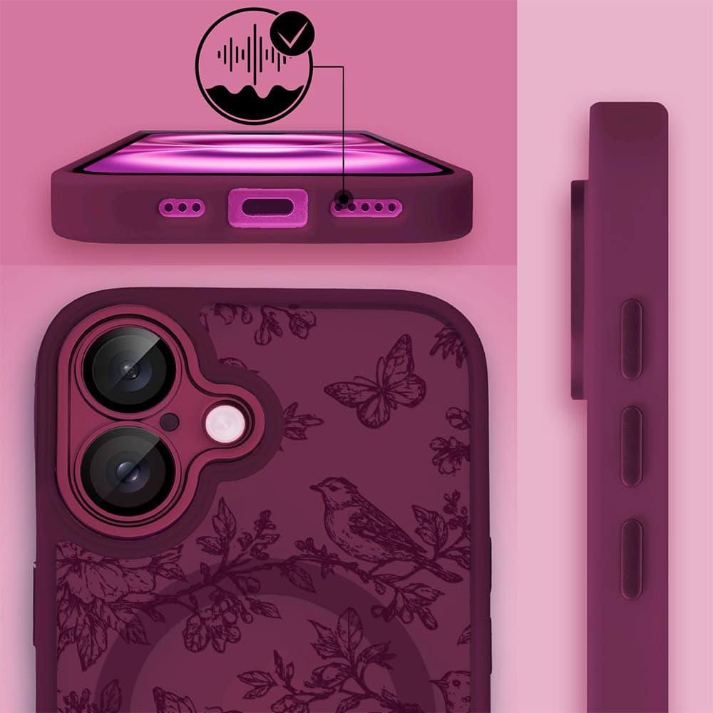 Etui do iPhone 16 Plus, Color Flush z Magsafe, z osłoną aparatu, nocna botanika, wiśniowe (5)