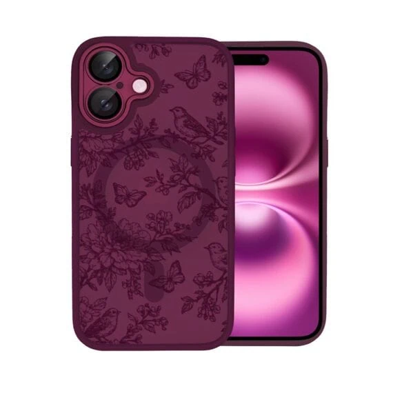 Etui do iPhone 16 Plus, Color Flush z Magsafe, z osłoną aparatu, nocna botanika, wiśniowe (6)