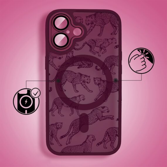 Etui do iPhone 16 Plus, Color Flush z Magsafe, z osłoną aparatu, wesołe gepardy, wiśniowe (2)