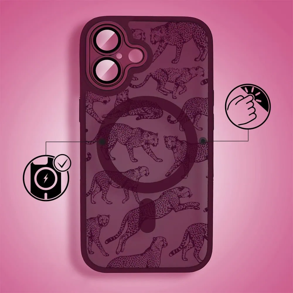 Etui do iPhone 16 Plus, Color Flush z Magsafe, z osłoną aparatu, wesołe gepardy, wiśniowe (2)