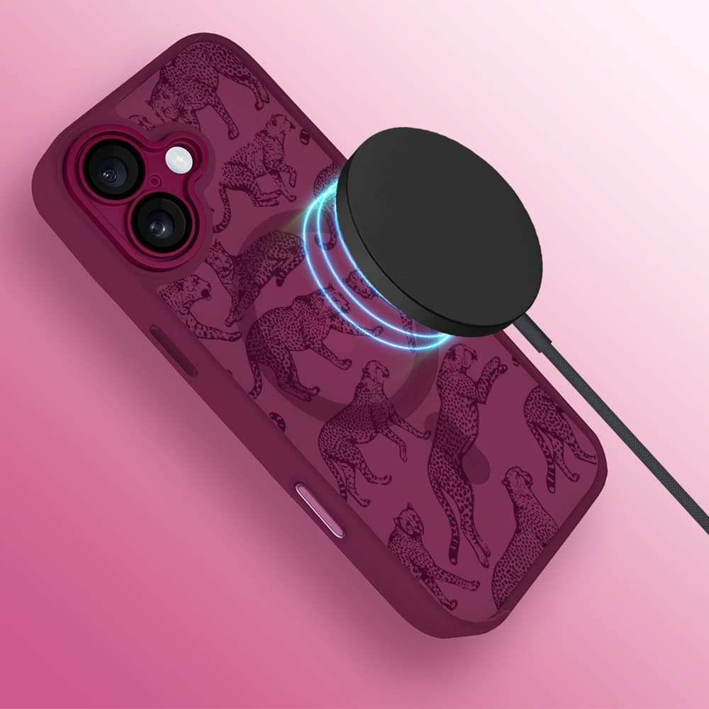 Etui do iPhone 16 Plus, Color Flush z Magsafe, z osłoną aparatu, wesołe gepardy, wiśniowe (3)