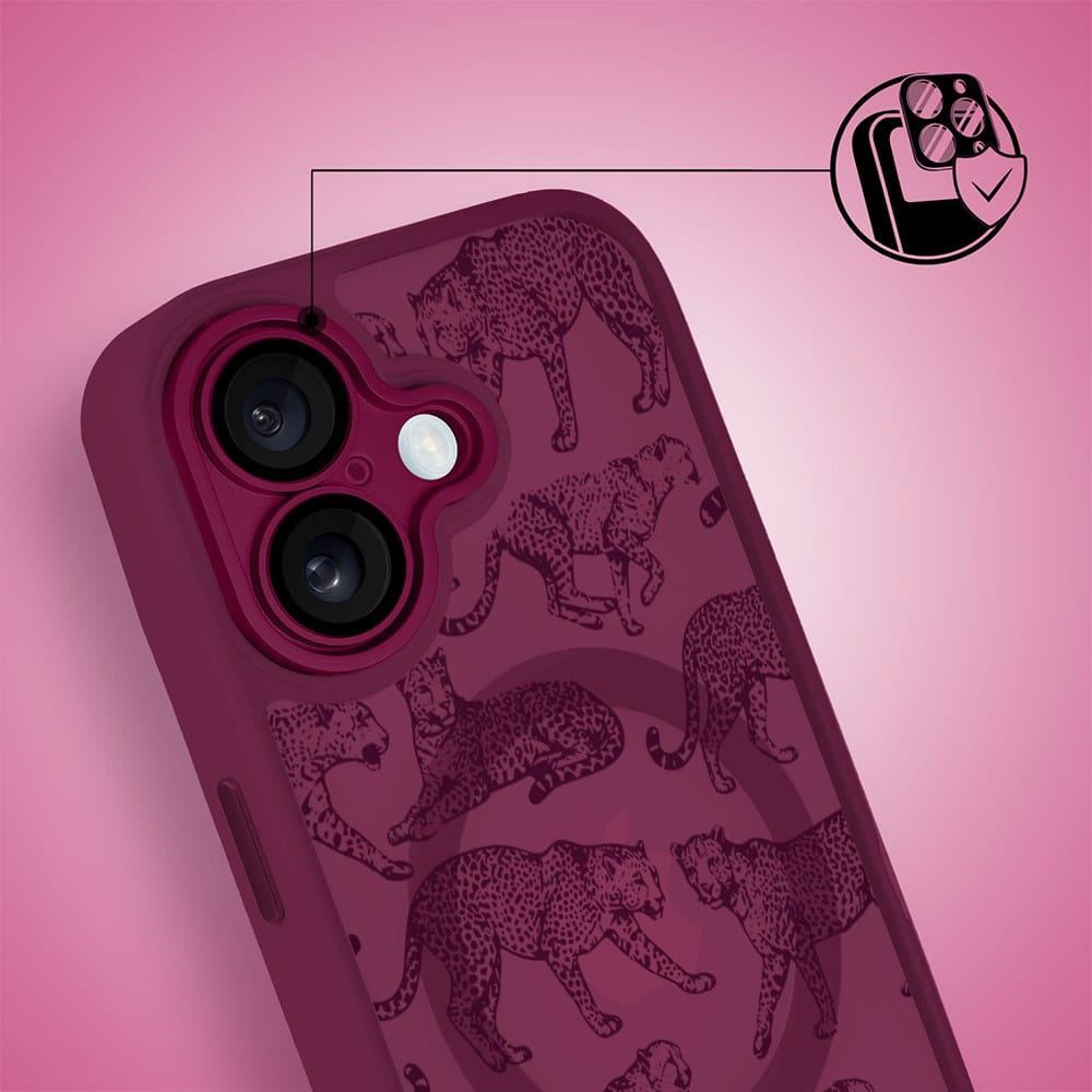 Etui do iPhone 16 Plus, Color Flush z Magsafe, z osłoną aparatu, wesołe gepardy, wiśniowe (4)