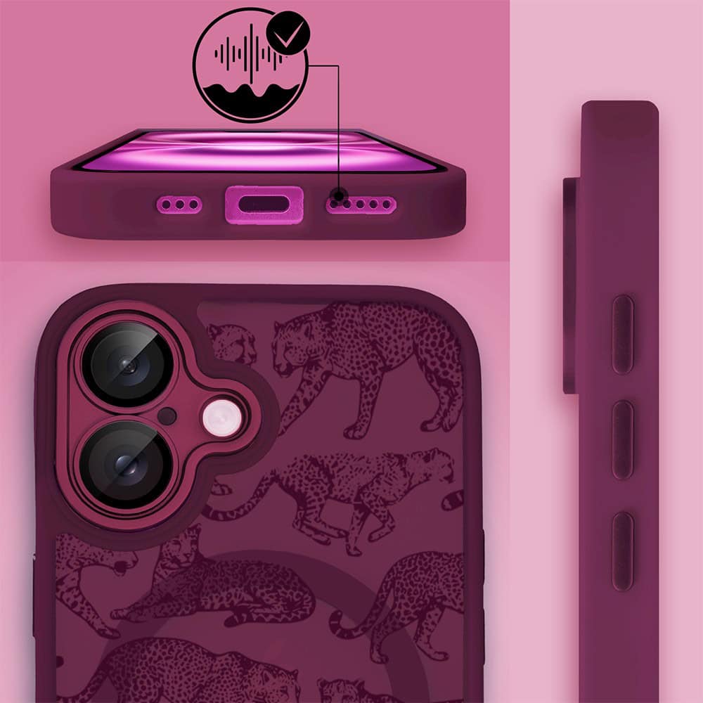 Etui do iPhone 16 Plus, Color Flush z Magsafe, z osłoną aparatu, wesołe gepardy, wiśniowe (6)