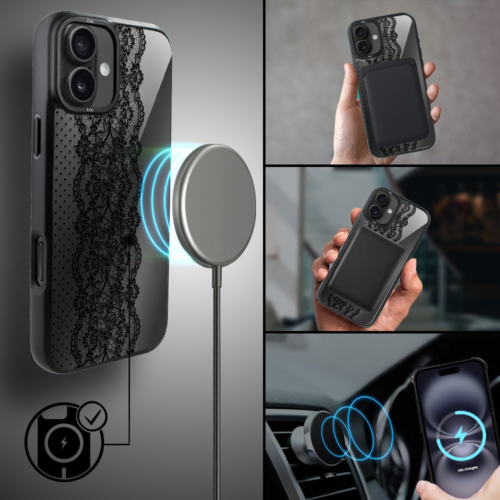 Etui do iPhone 16 Plus IBIZU DropGuard Matt z MagSafe, Midnight, Ornamentowa koronka (7)