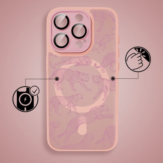 Etui do iPhone 16 Pro Color Flush z MagSafe, z osłoną aparatu, wesołe gepardy, różowe (1)