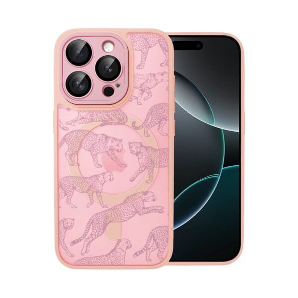 Etui do iPhone 16 Pro Color Flush z MagSafe, z osłoną aparatu, wesołe gepardy, różowe