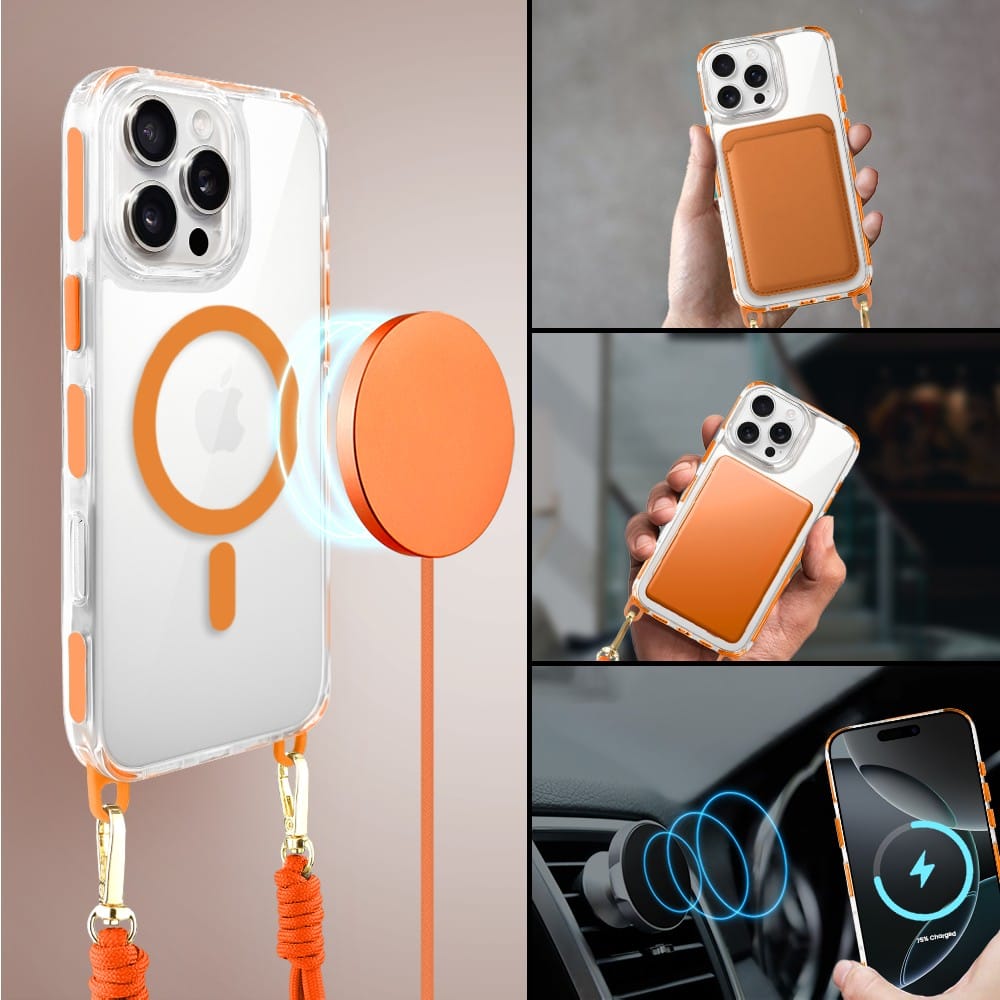 Etui do iPhone 16 Pro, MagSafe, ze smyczą, na ramię, crossbody, pomarańczowe (1)