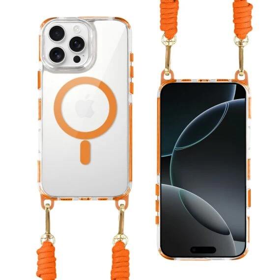 Etui do iPhone 16 Pro, MagSafe, ze smyczą, na ramię, crossbody, pomarańczowe (6)