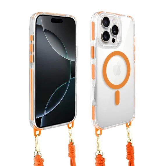 Etui do iPhone 16 Pro, MagSafe, ze smyczą, na ramię, crossbody, pomarańczowe (9)