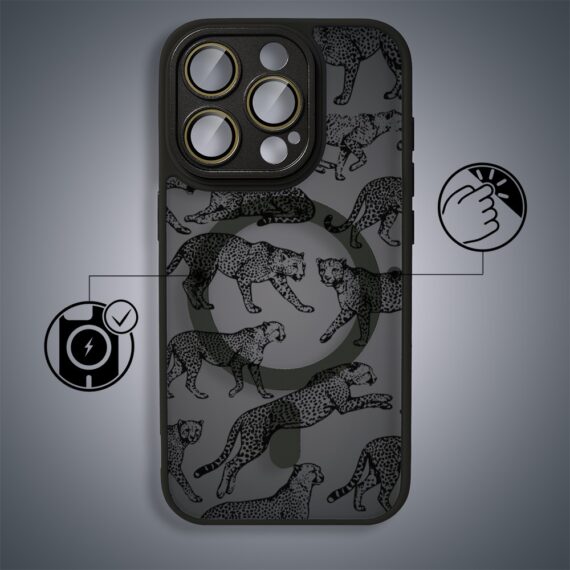 Etui do iPhone 16 Pro Max Color Flush z MagSafe, z osłoną aparatu, wesołe gepardy, czarne (6)