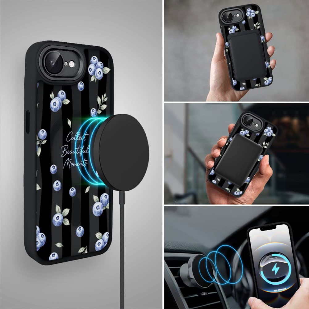 Etui do iPhone 16e Color Flush z MagSafe, z osłoną aparatu, borówkowy rytm, czarne (3)