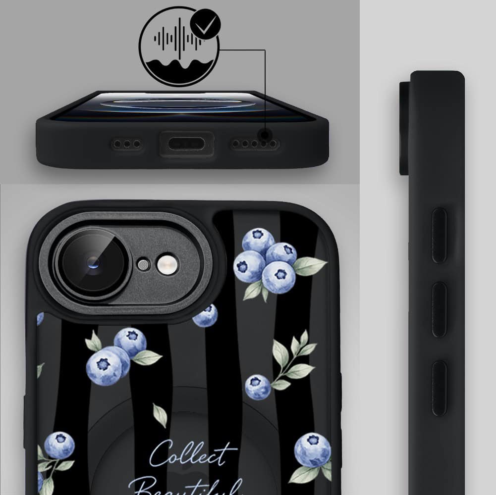 Etui do iPhone 16e Color Flush z MagSafe, z osłoną aparatu, borówkowy rytm, czarne (7)