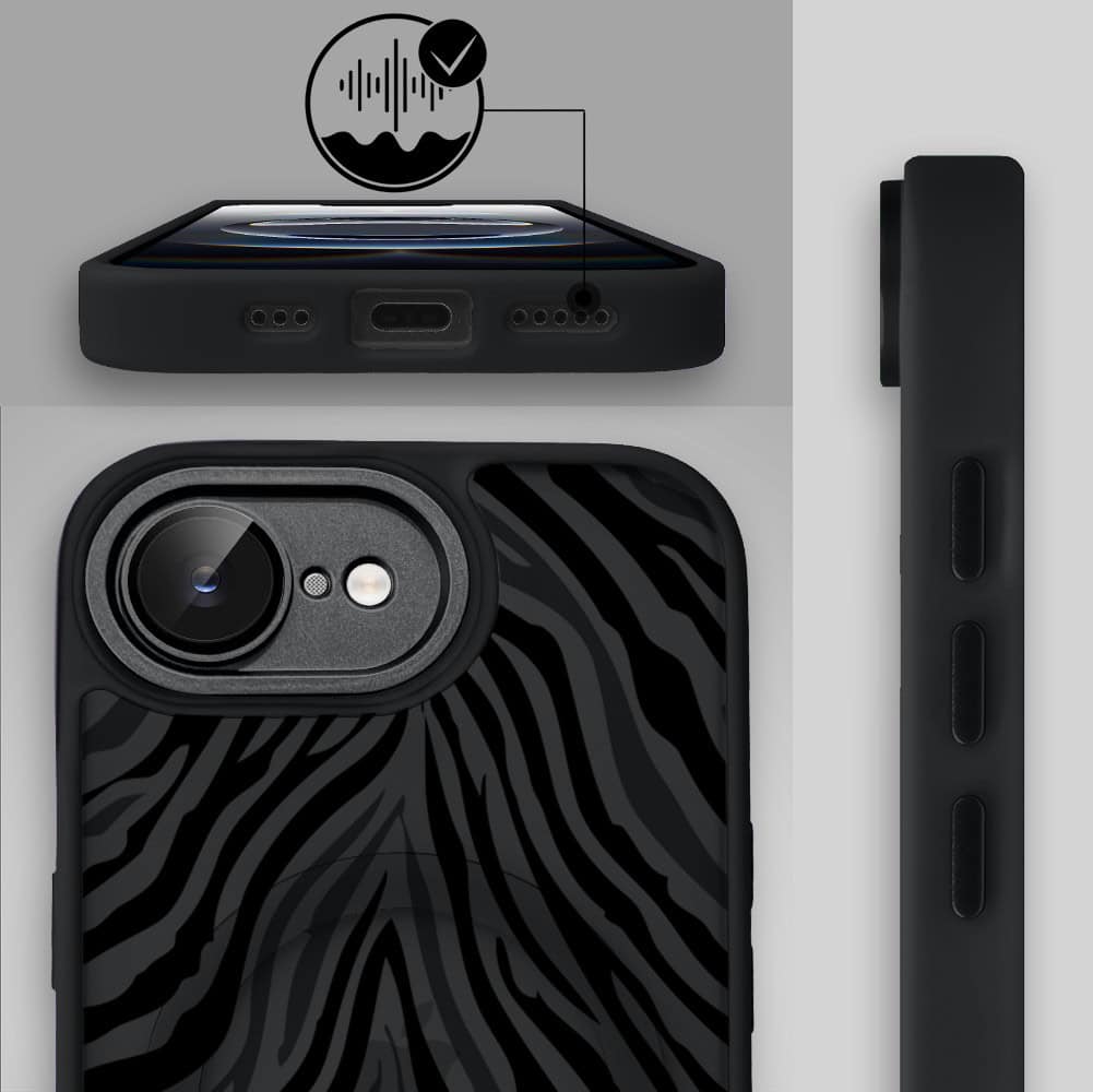 Etui do iPhone 16e Color Flush z MagSafe, z osłoną aparatu, hipnotyczna zebra, czarne (4)