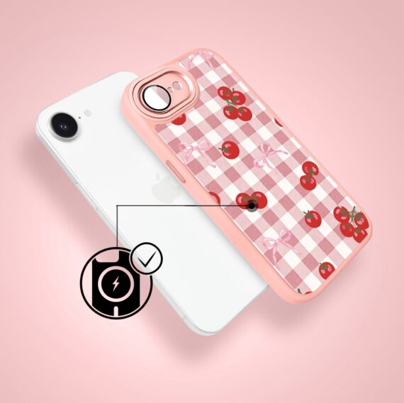 Etui do iPhone 16e Color Flush z MagSafe, z osłoną aparatu, kratka pomodoro, różowe (1)
