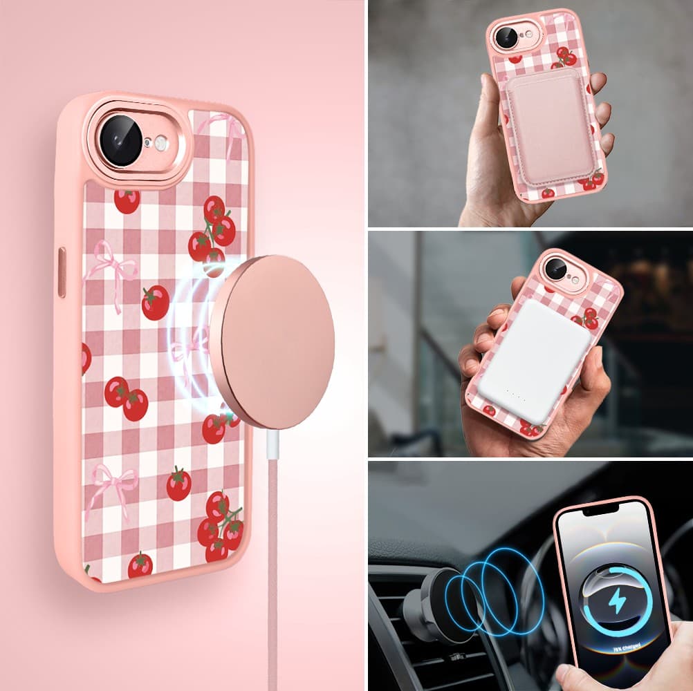 Etui do iPhone 16e Color Flush z MagSafe, z osłoną aparatu, kratka pomodoro, różowe (2)
