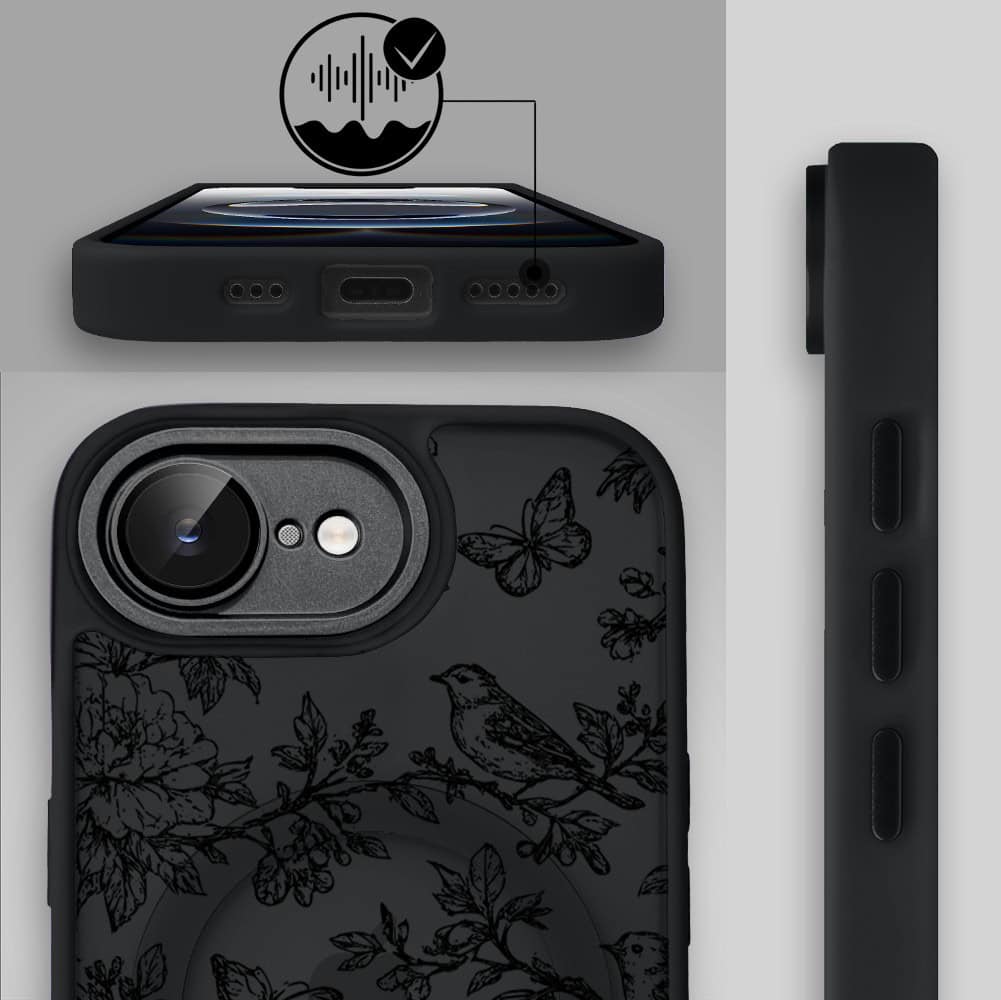 Etui do iPhone 16e Color Flush z MagSafe, z osłoną aparatu, nocna botanika, czarne (7)