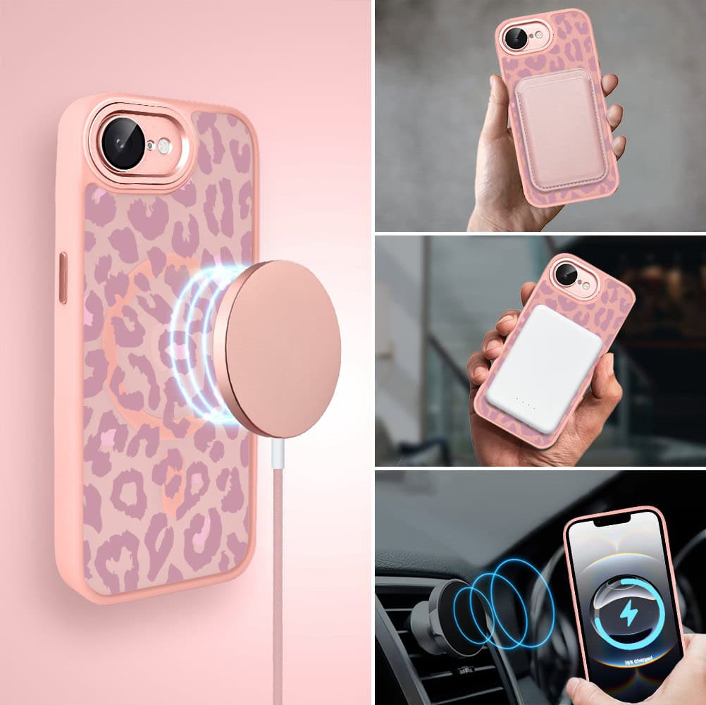 Etui do iPhone 16e Color Flush z MagSafe, z osłoną aparatu, subtelna panterka, różowe (5)