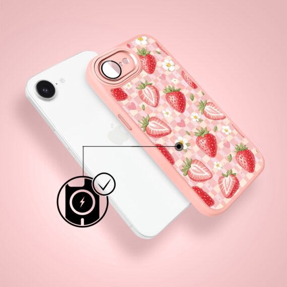 Etui do iPhone 16e Color Flush z MagSafe, z osłoną aparatu, truskawkowy piknik, różowe (1)