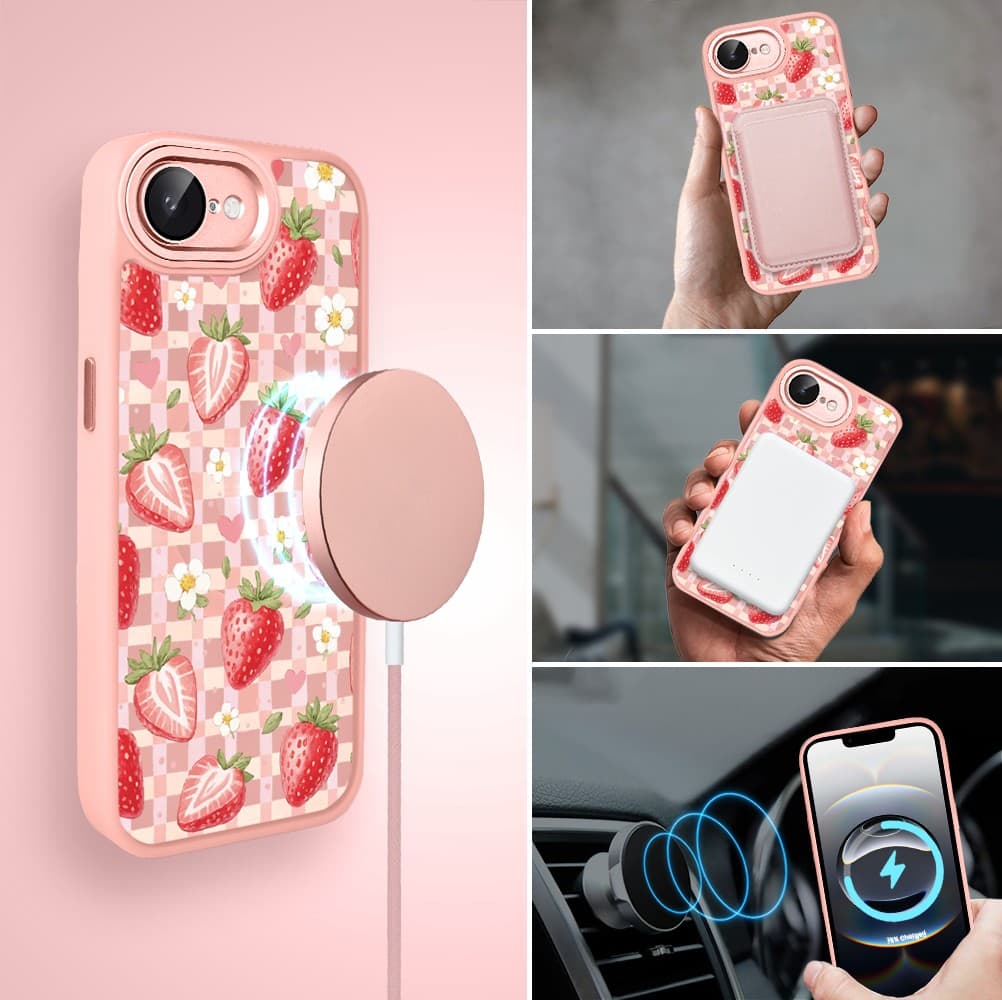 Etui do iPhone 16e Color Flush z MagSafe, z osłoną aparatu, truskawkowy piknik, różowe (2)