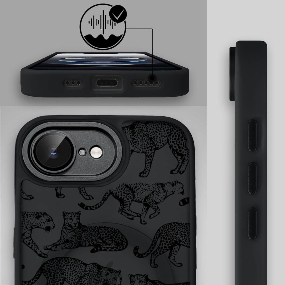 Etui do iPhone 16e Color Flush z MagSafe, z osłoną aparatu, wesołe gepardy, czarne (1)