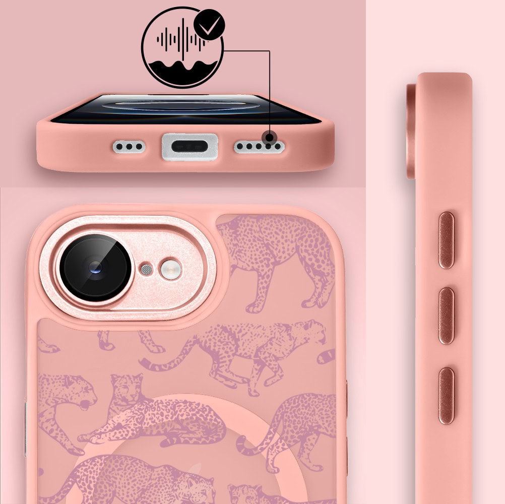 Etui do iPhone 16e Color Flush z MagSafe, z osłoną aparatu, wesołe gepardy, różowe (2)