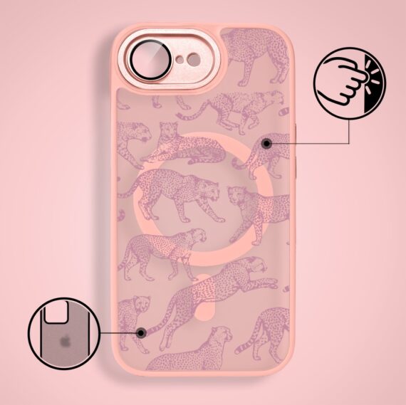 Etui do iPhone 16e Color Flush z MagSafe, z osłoną aparatu, wesołe gepardy, różowe (6)