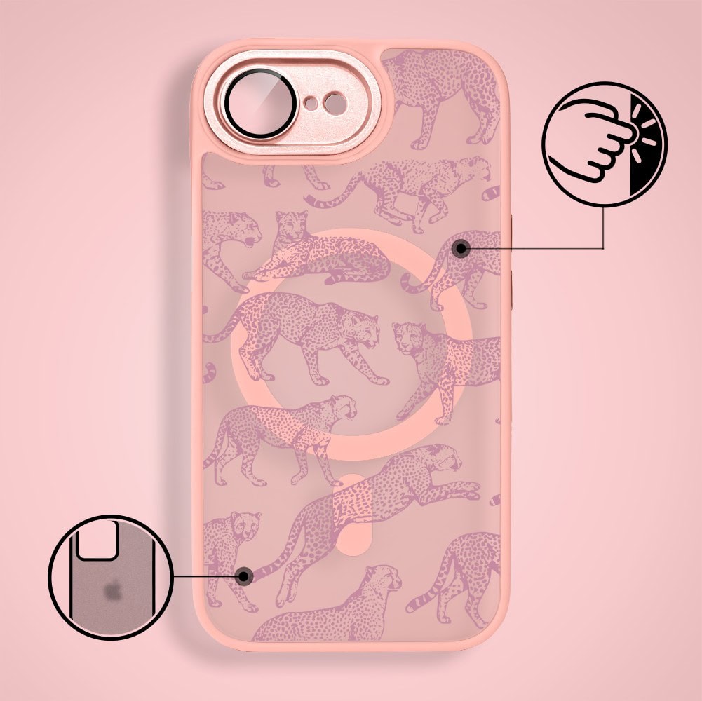 Etui do iPhone 16e Color Flush z MagSafe, z osłoną aparatu, wesołe gepardy, różowe (6)
