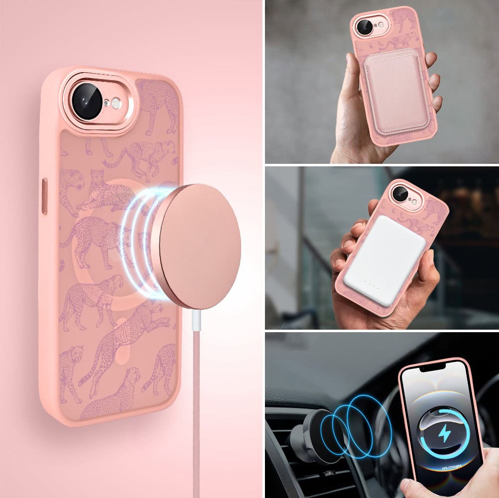 Etui do iPhone 16e Color Flush z MagSafe, z osłoną aparatu, wesołe gepardy, różowe (7)