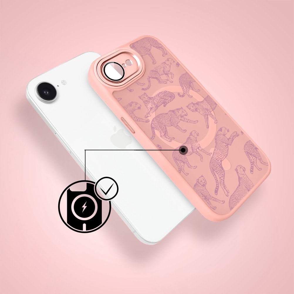 Etui do iPhone 16e Color Flush z MagSafe, z osłoną aparatu, wesołe gepardy, różowe (8)