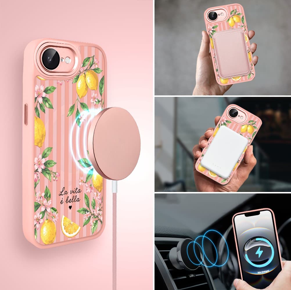 Etui do iPhone 16e Color Flush z MagSafe, z osłoną aparatu, włoskie limone, różowe (2)