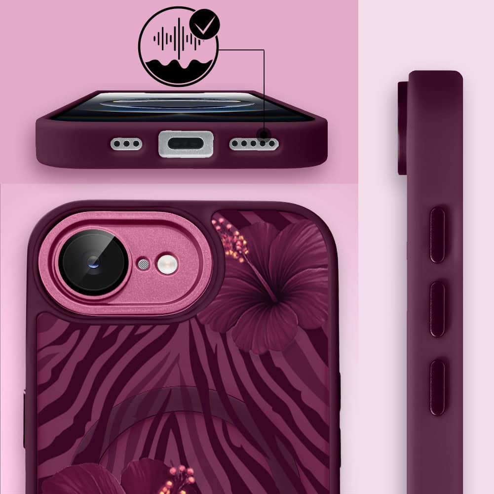 Etui do iPhone 16e, Color Flush z Magsafe, z osłoną aparatu, egzotyczny hibiskus, wiśniowe (2)